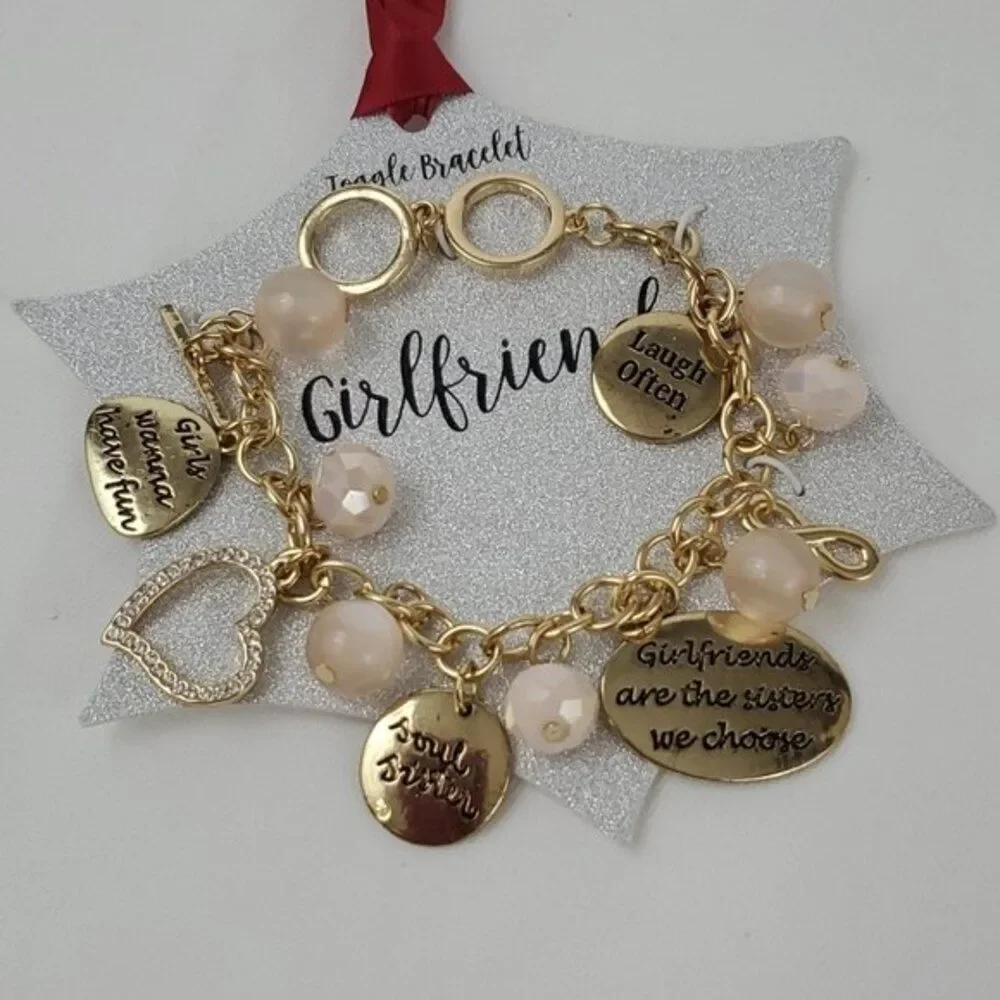 Girlfriend Toggle charm Bracelet Friends Gold faux pearls heart gold blush *